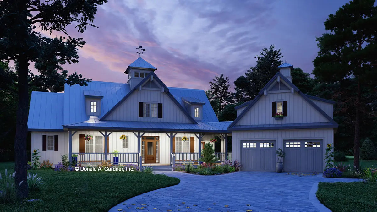 This is an illustration of the front of three bedroom house plan 1514 The Lucinda at dusk