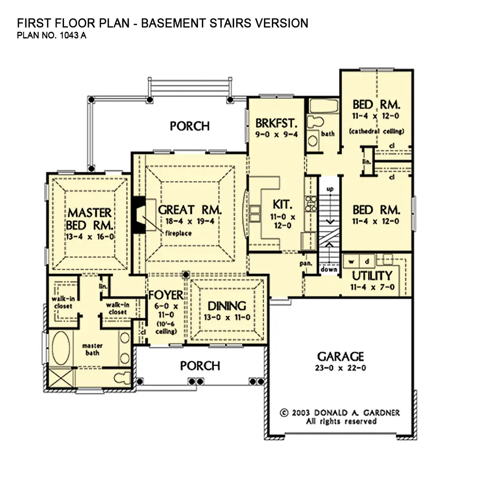 This is the first floor plan image for traditional house plan 1043 The Lujack if the home is built over a basement