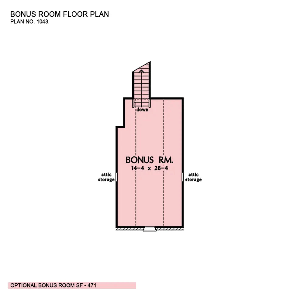 This is the bonus room floor plan image for one story house plan 1043 The Lujack