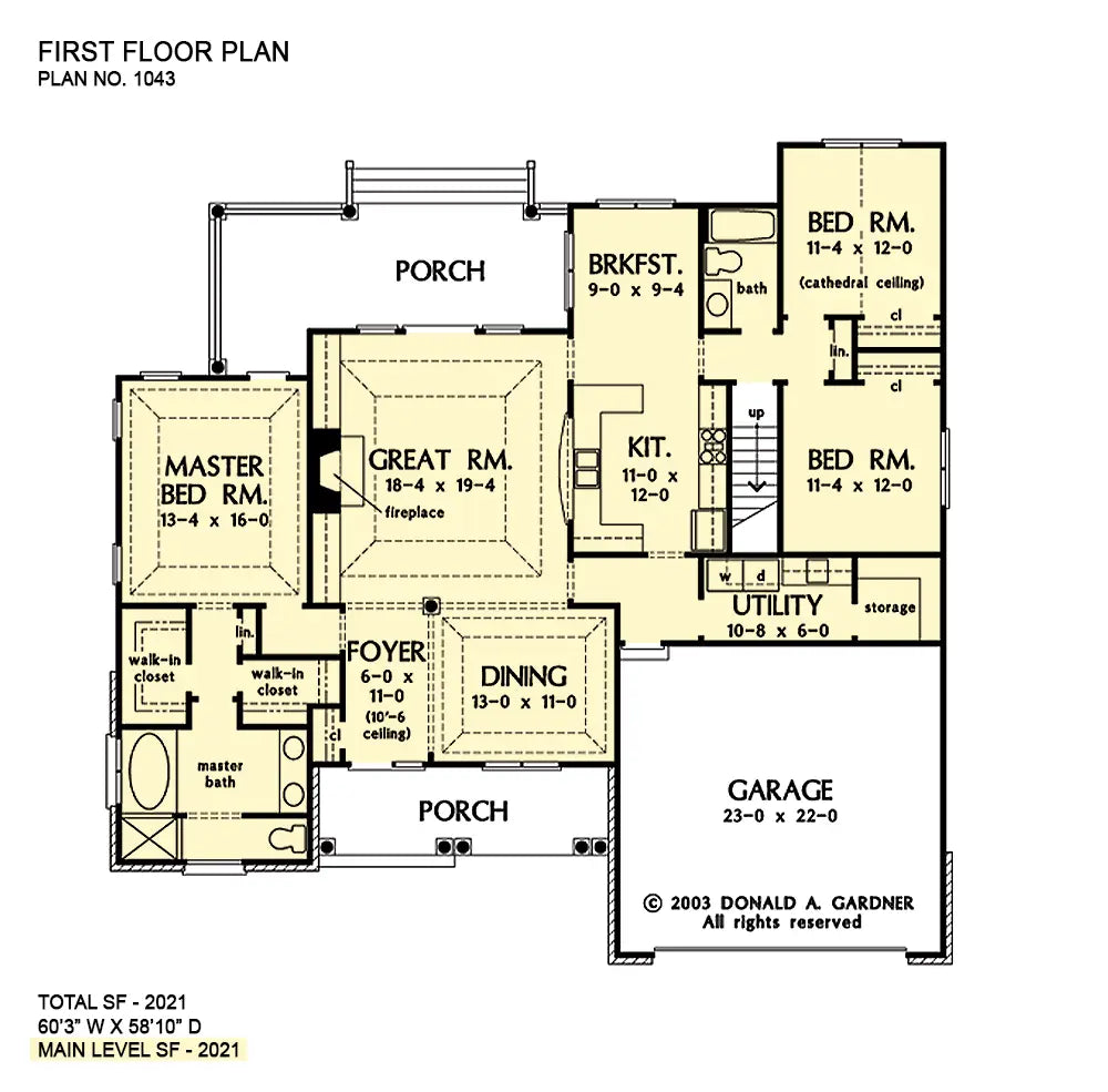 This is the first floor plan image for three bedroom house plan 1043 The Lujack