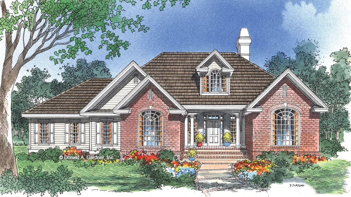 This is an illustration of the front of four bedroom house plan 480 The Lyndsey