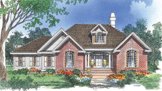 This is an illustration of the front of four bedroom house plan 480 The Lyndsey