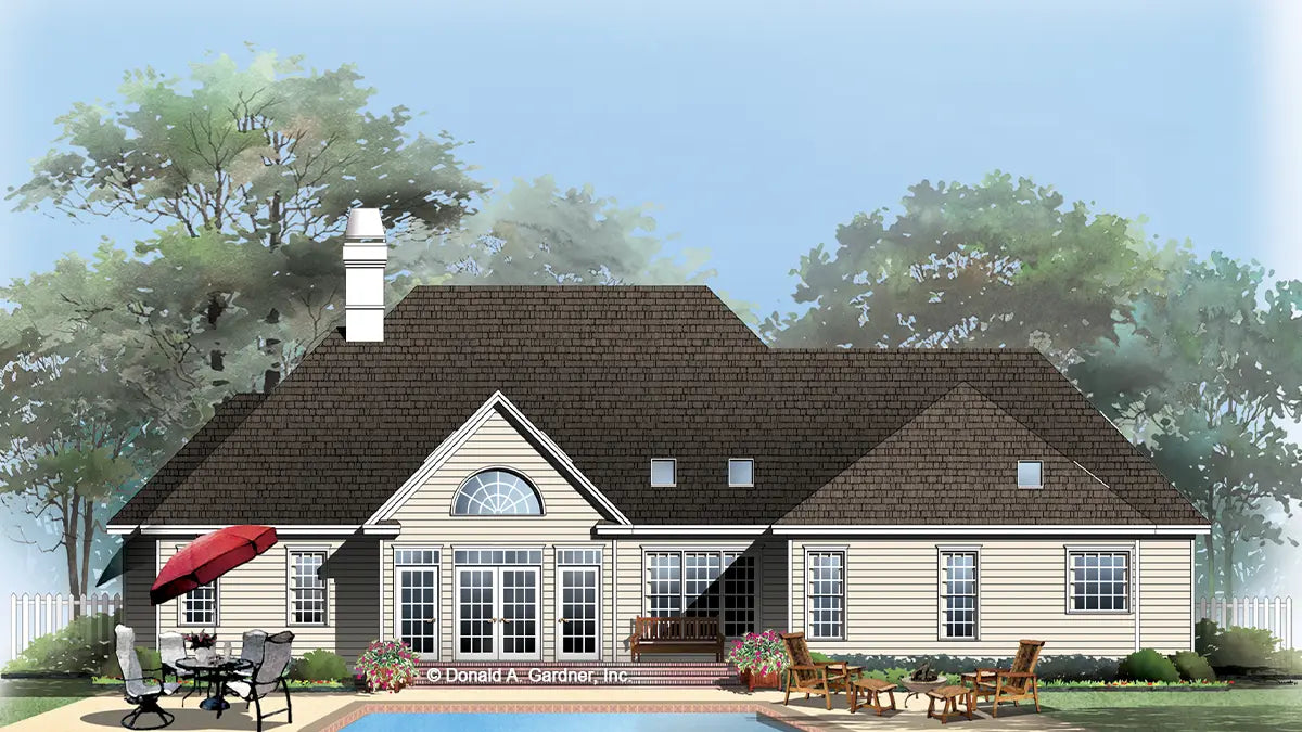 This is an illustration of the rear of brick house plan 480 The Lyndsey