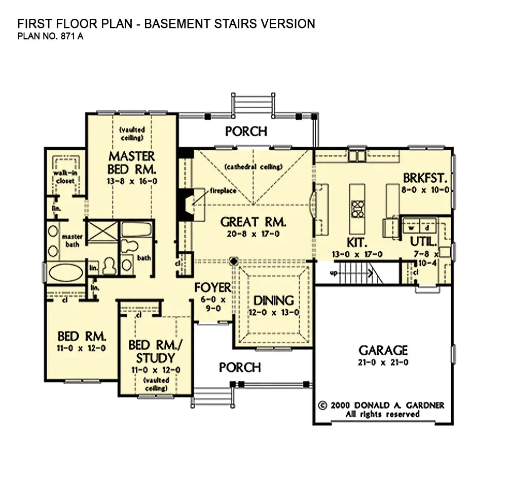 This is the first floor plan image for three bedroom house plan 871 The Lynnshire if the home is built over a basement