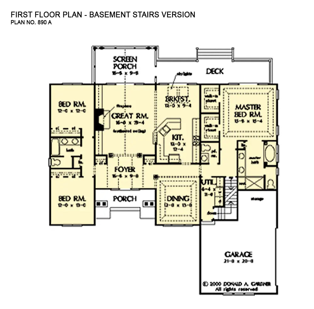 This is the first floor plan image for three bedroom house plan 890 The MacKinnon if the home is built over a basement