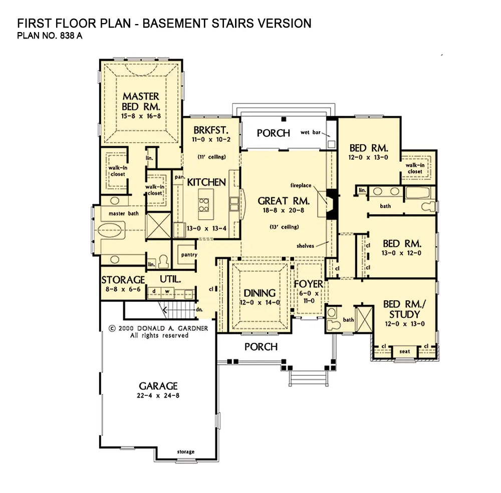 This is the first floor plan image for one story house plan 838 The Macallaster if the home is built over a basement