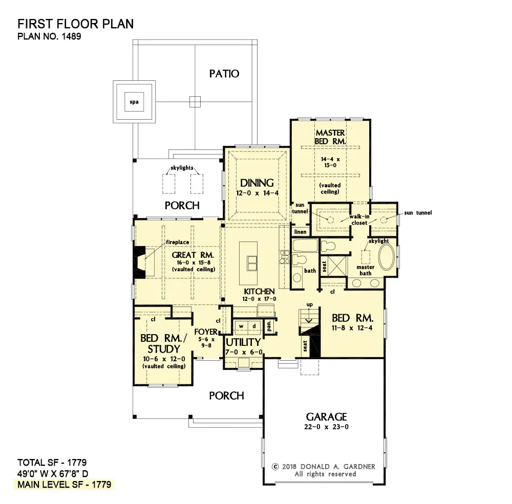 This is the first floor plan image for small house plan 1489 The Macon