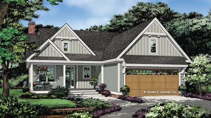 This is an illustration of the front of small house plan 1489 The Macon