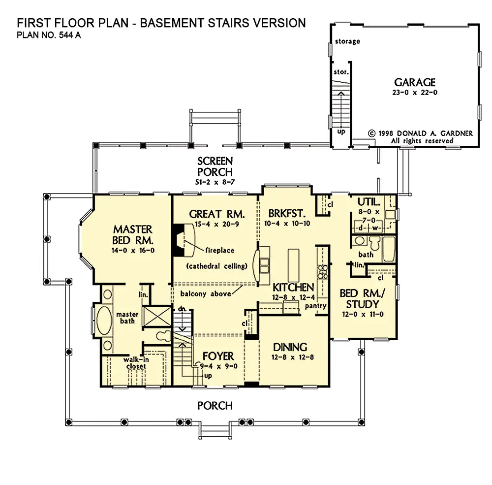 This is the first floor plan image for farmhouse plan 544 The Magnolia if the home is built over a basement