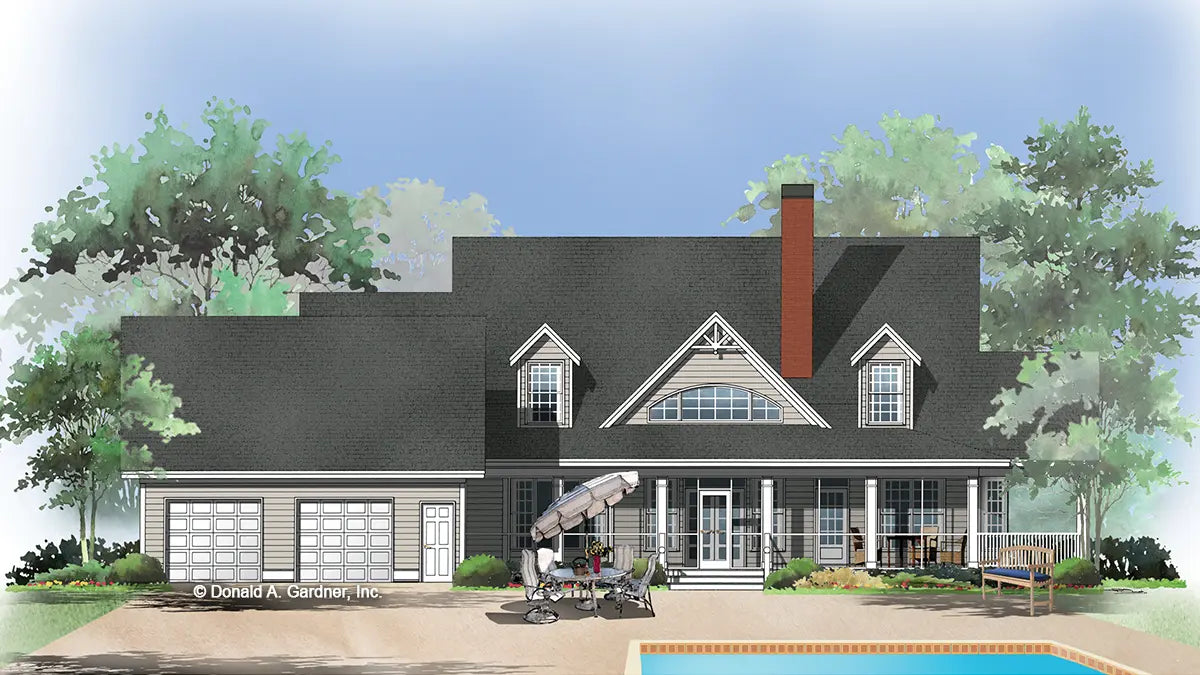 This is an illustration of the rear of farmhouse plan 544 The Magnolia