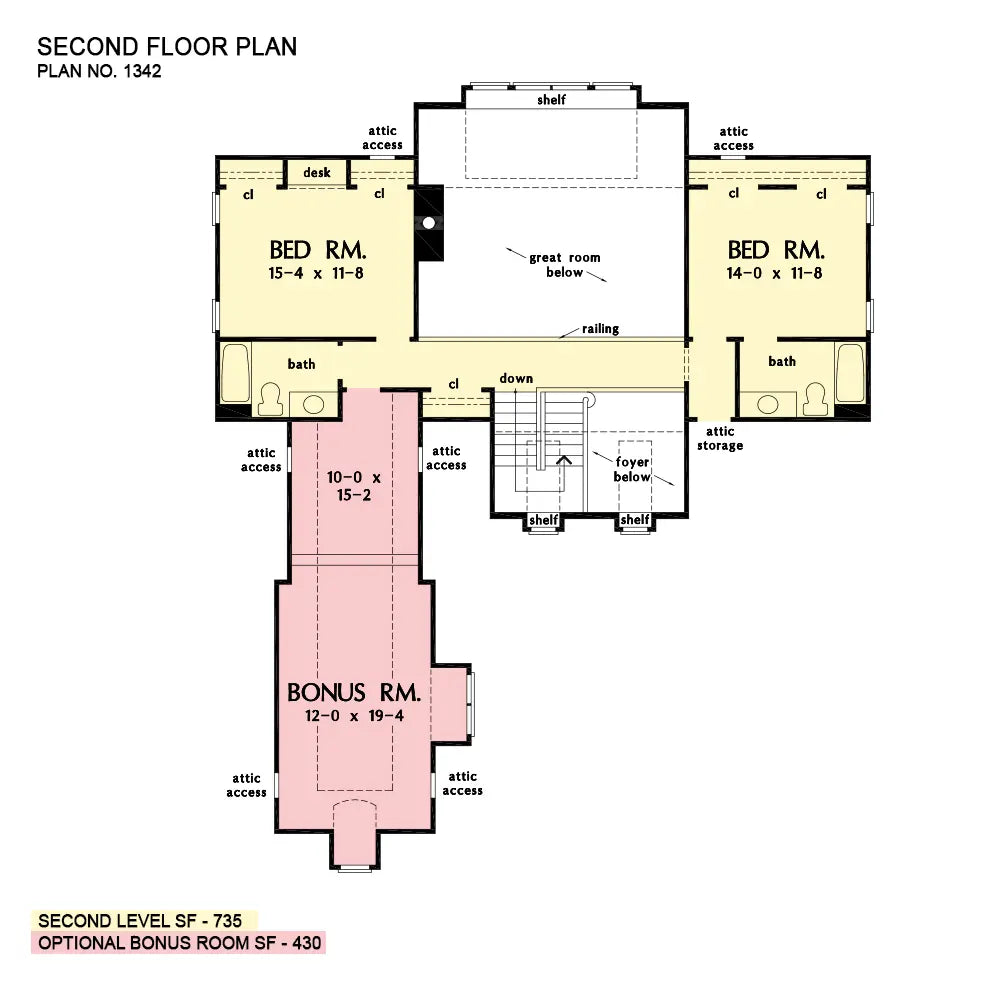 This is the second floor plan image for four bedroom house plan 1342 The Mahoney