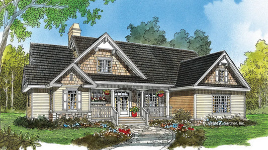 This is a front view illustration of a craftsman style home. The Mallory plan 790.