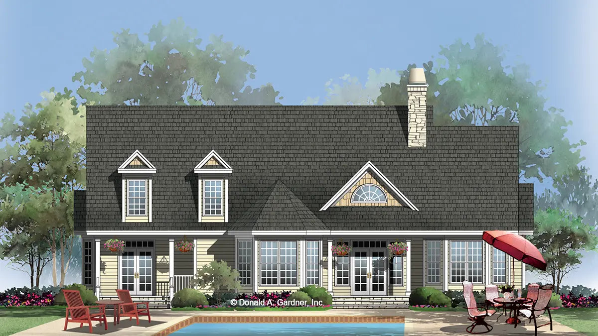 Rear view illustration of a craftsman style home. The Mallory plan 790.