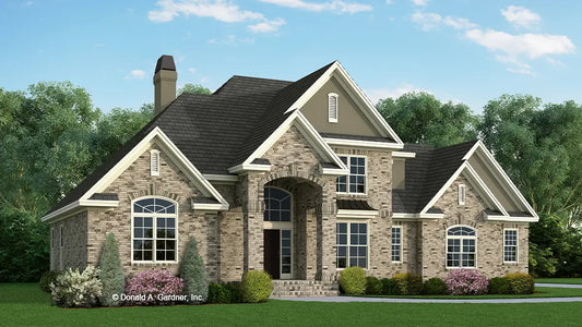 This is an illustration of the front of brick house plan 718 The Manchester