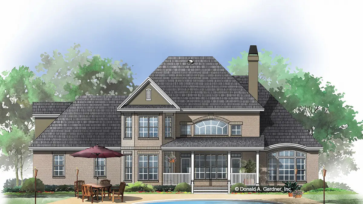 This is an illustration of the rear of two story house plan 718 The Manchester