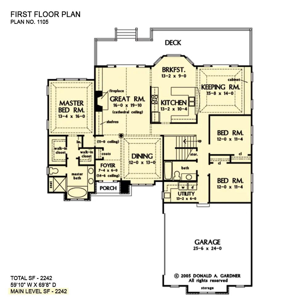 This is the first floor plan image for three bedroom house plan 1105 The Manning