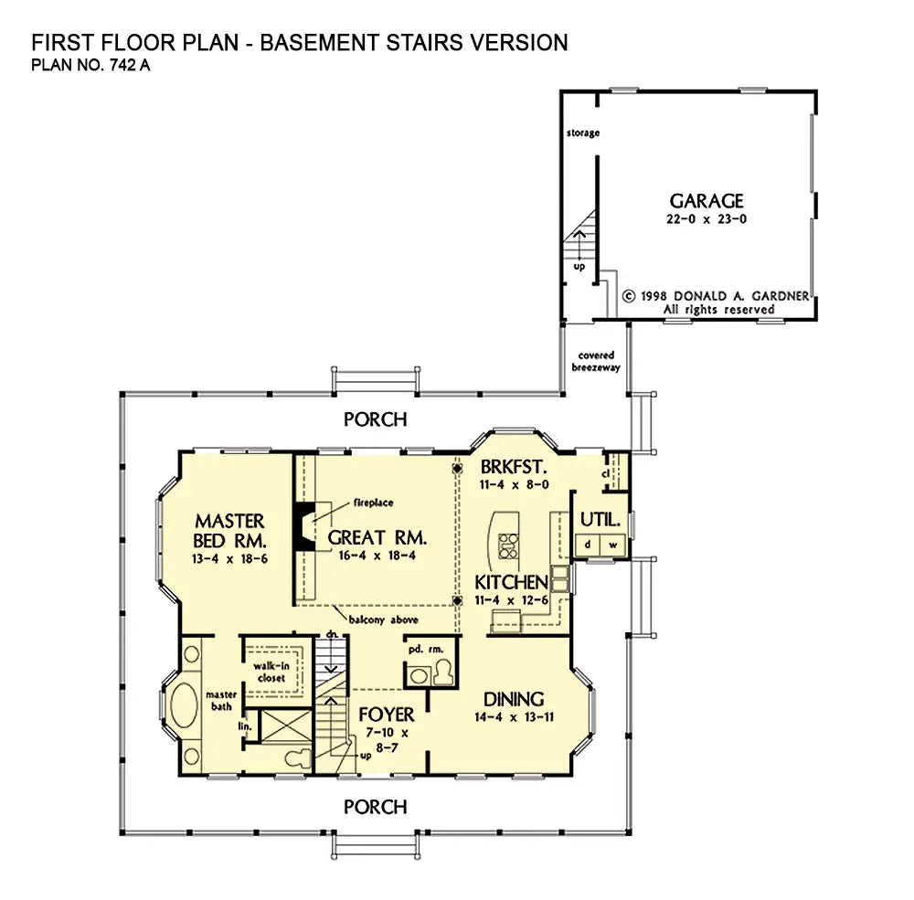 This is the first floor plan image for country house plan 742 The Maplewood if the home is built over a basement