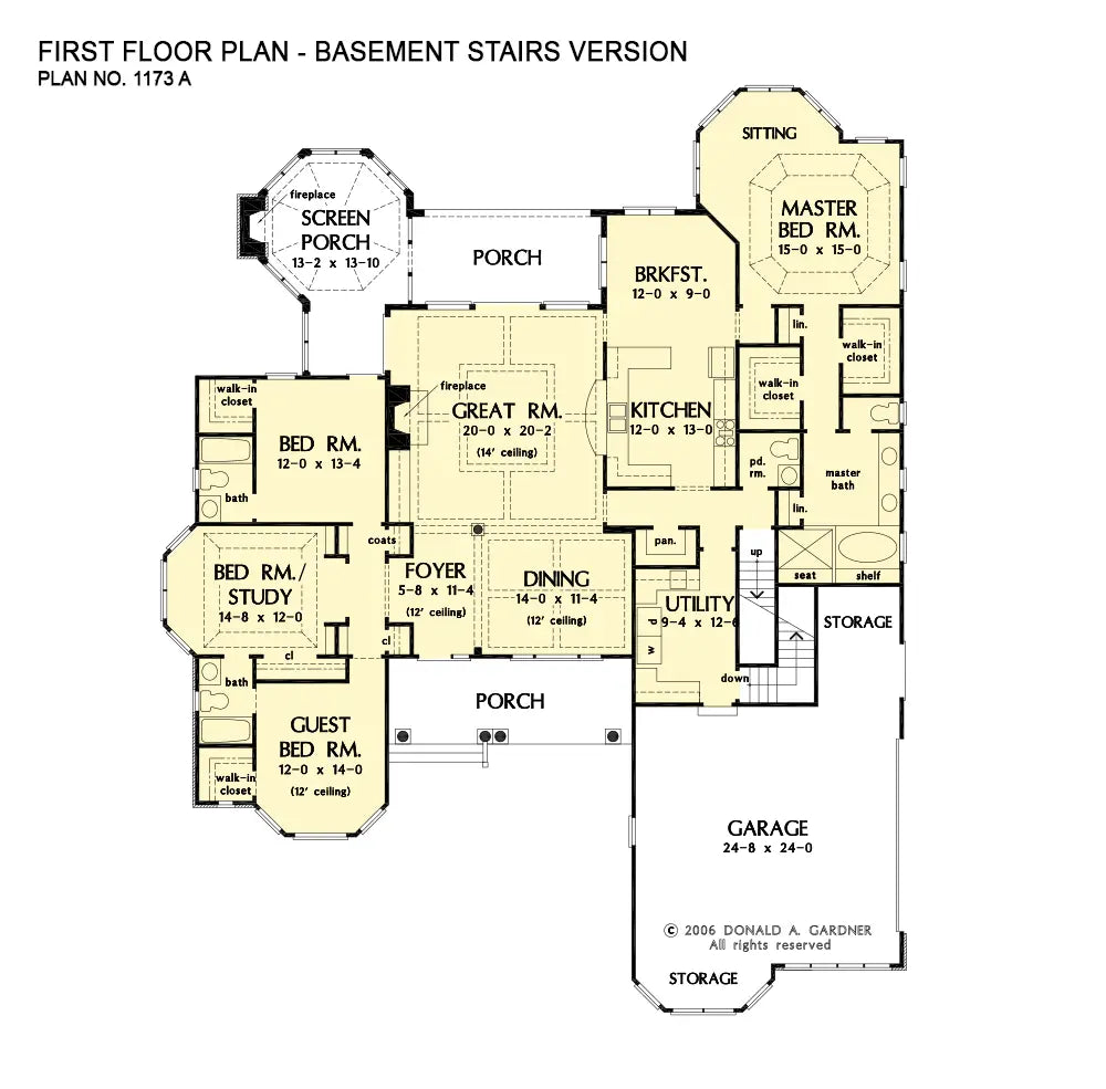 This is the first floor plan image for cottage house plan 1173 The Marcourt if the home is built over a basement