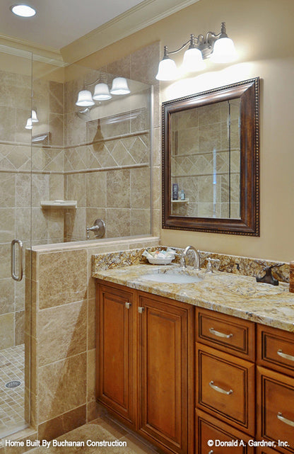 This is a photograph of the bathroom of rustic house plan 1173 The Marcourt as built by a customer