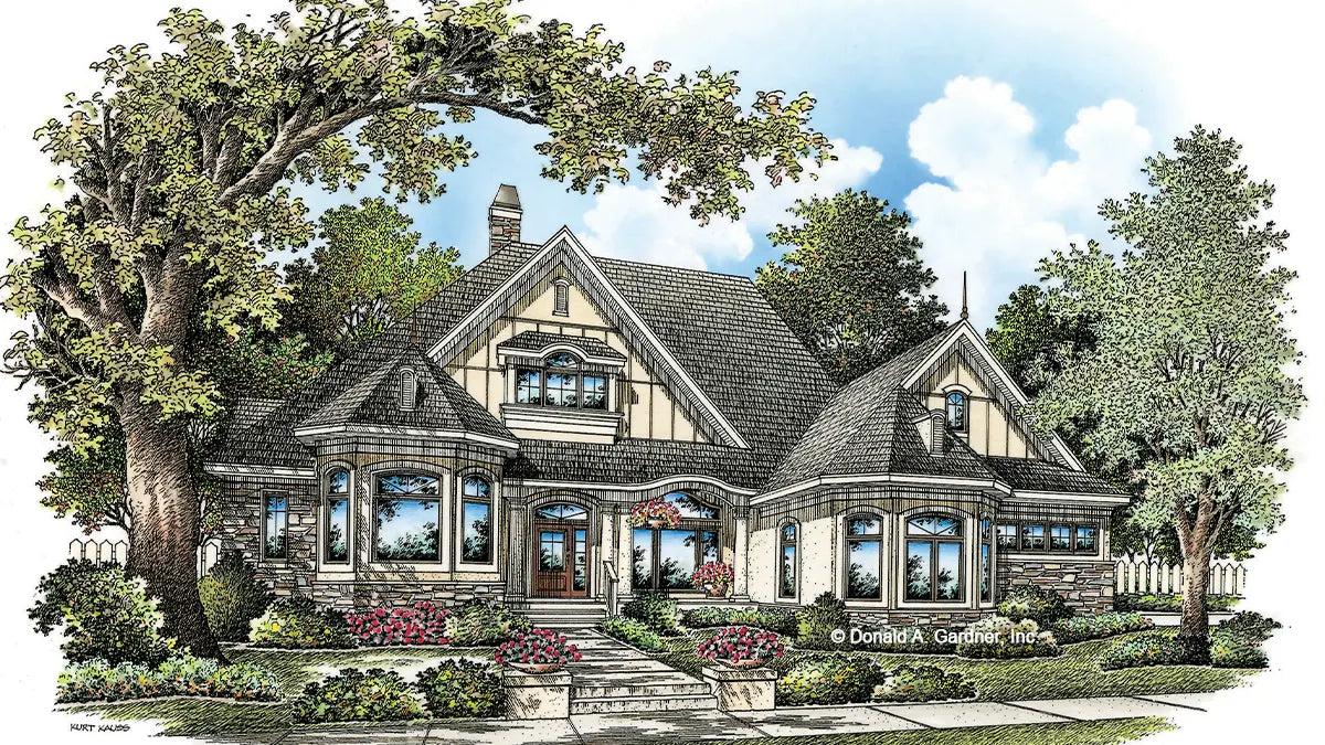 This is an illustration of the front of rustic house plan 1173 The Marcourt