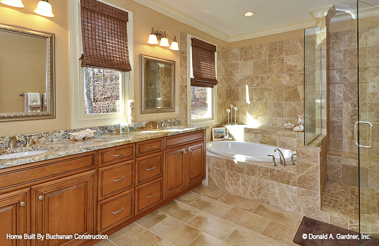 This is a photograph of the master bath of rustic house plan 1173 The Marcourt as built by a customer