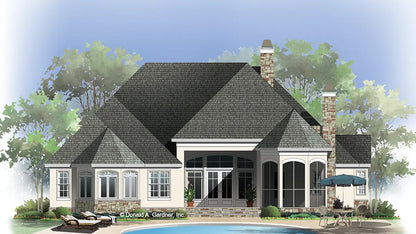 This is an illustration of the rear of cottage house plan 1173 The Marcourt