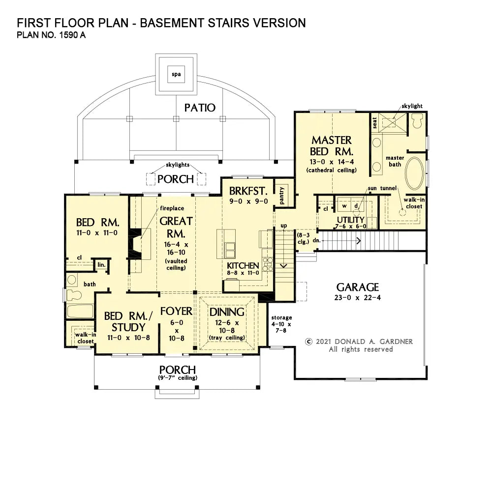 This is the first floor plan image for one story house plan 1590 The Marcus if the home is built over a basement