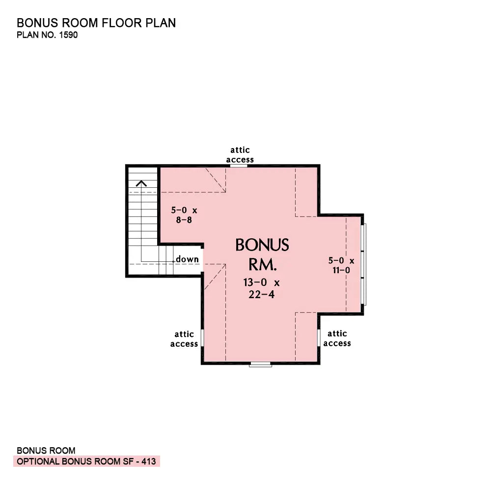 This is the bonus room floor plan image for three bedroom house plan 1590 The Marcus