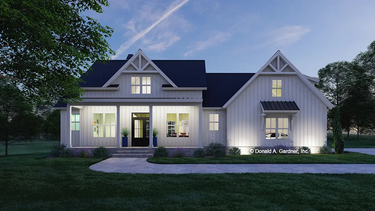 This is an illustration of the front of three bedroom house plan 1590 The Marcus at dusk