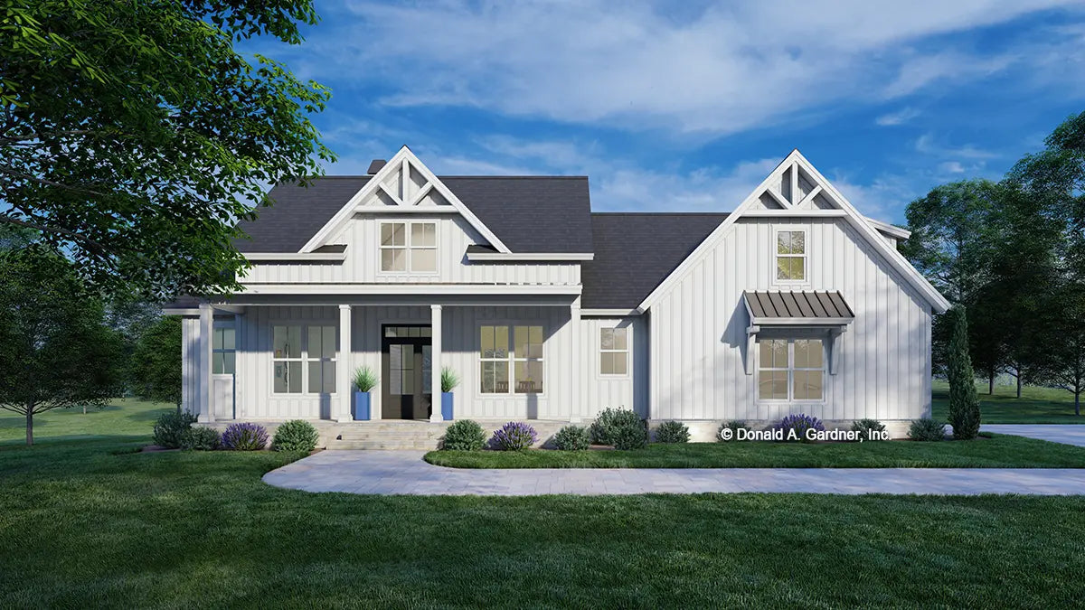 This is an illustration of the front of modern farmhouse house plan 1590 The Marcus