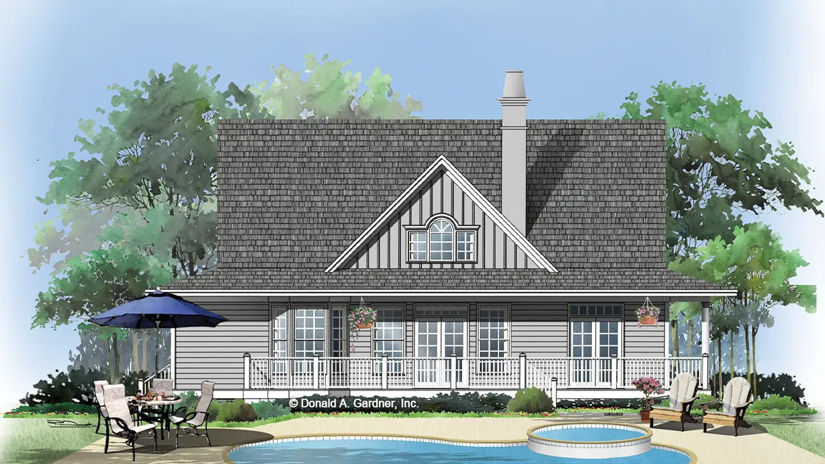 This is an illustration of the rear of two story house plan 880 The Marigold