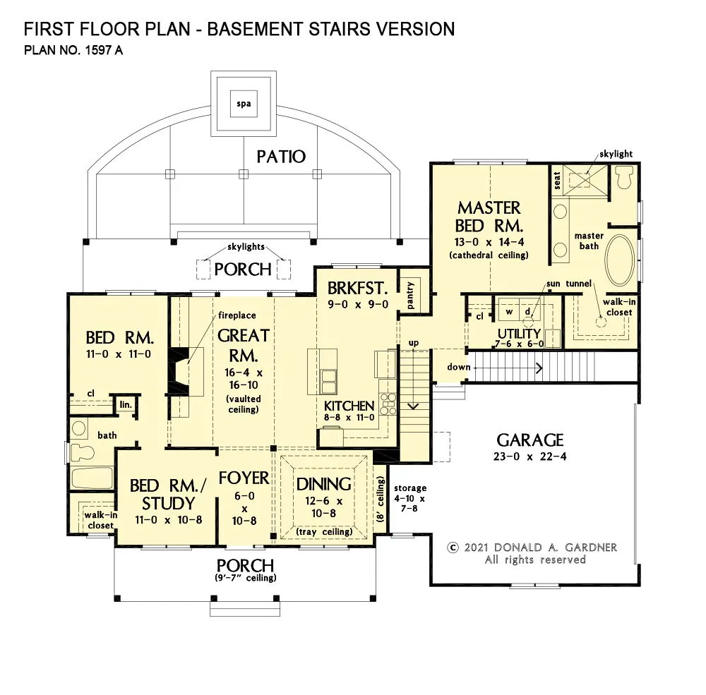 This is the first floor plan image for simple house plan 1597 The Marisa if the home is built over a basement