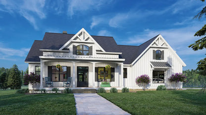 This is an illustration of the front of modern farmhouse house plan 1597 The Marisa