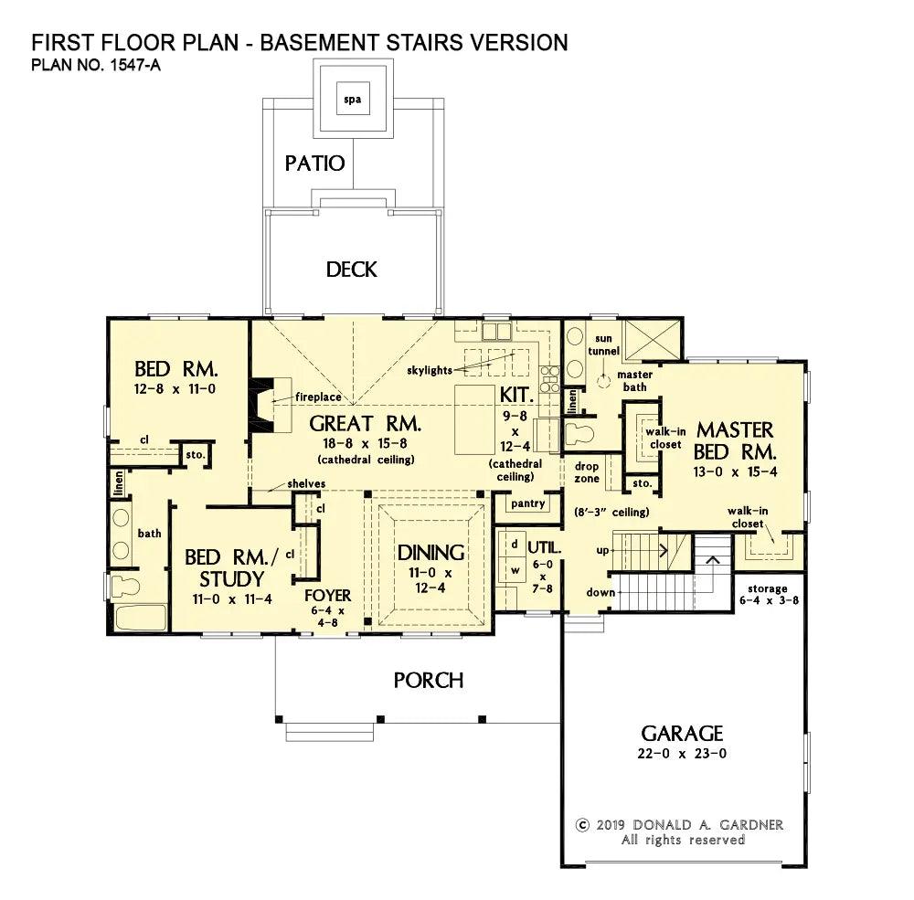 This is the first floor plan image for one story house plan 1547 The Marisol if the home is built over a basement