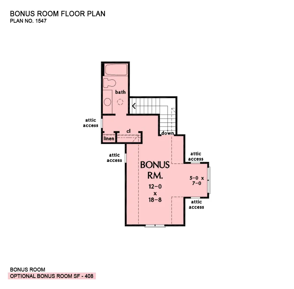 This is the bonus room floor plan image for three bedroom house plan 1547 The Marisol