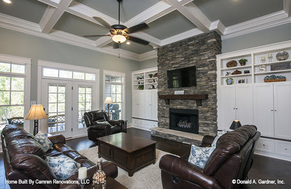 Great room with coffered ceiling pictured for Markham house plan 1299