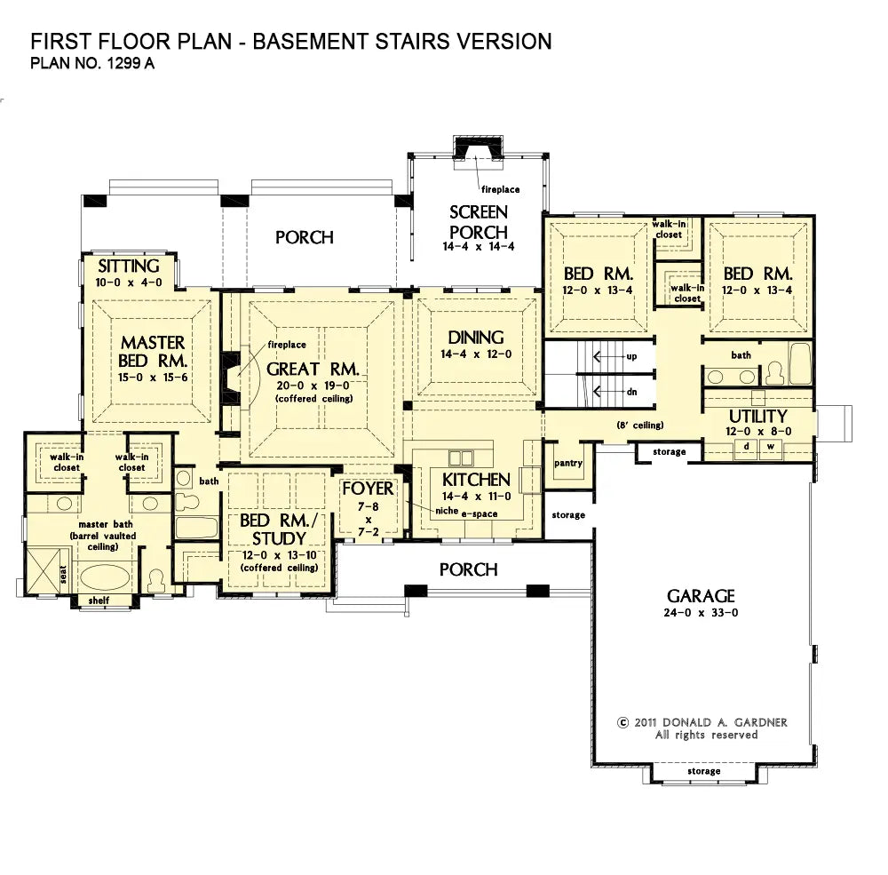 This is the first floor plan image for one story house plan 1299 The Markham if the home is built over a basement