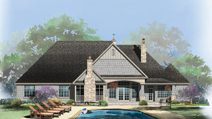 This is an illustration of the rear of one story house plan 1299 The Markham