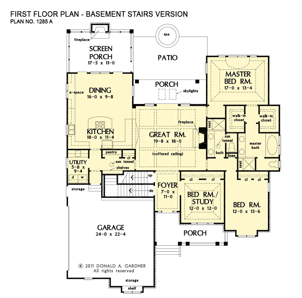 This is the first floor plan image for cottage house plan 1285 The Marley if the home is built over a basement