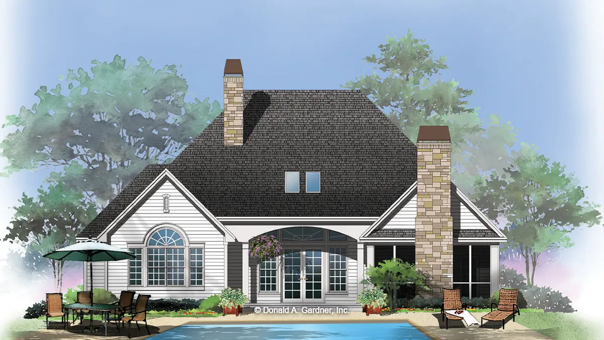 This is an illustration of the rear of cottage house plan 1285 The Marley