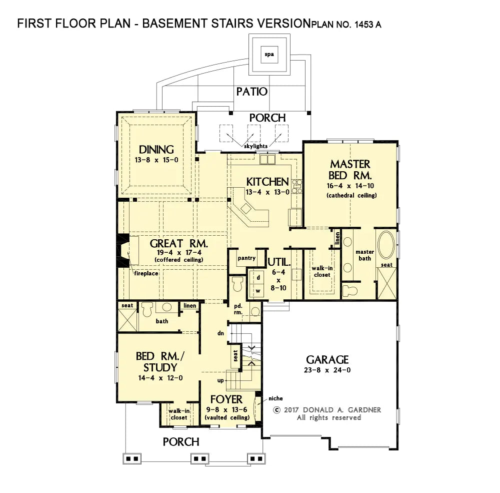 This is the first floor plan image for narrow lot house plan 1453 The Maxwell if the home is built over a basement