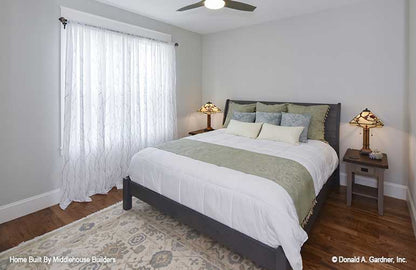 Flat ceiling and ceiling fan in the bedroom. The Mayfair plan 1317.