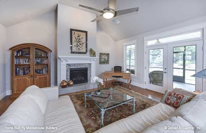 Fireplace and mantel in the great room. The Mayfair plan 1317.