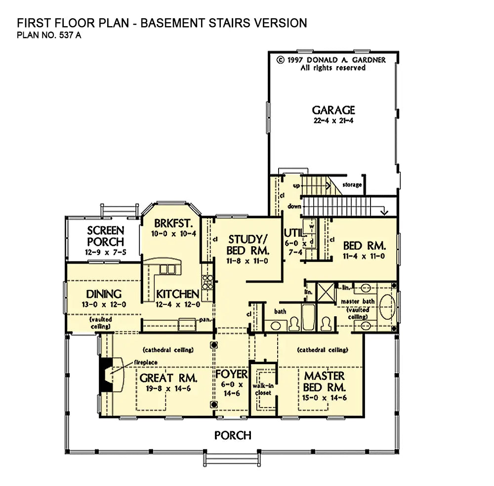 This is the first floor plan image for farmhouse plan 537 The Mayfield if the home is built over a basement