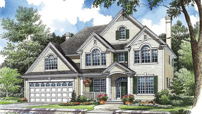 Three high-pitched gables and dramatic window design create a lavish, traditional exterior