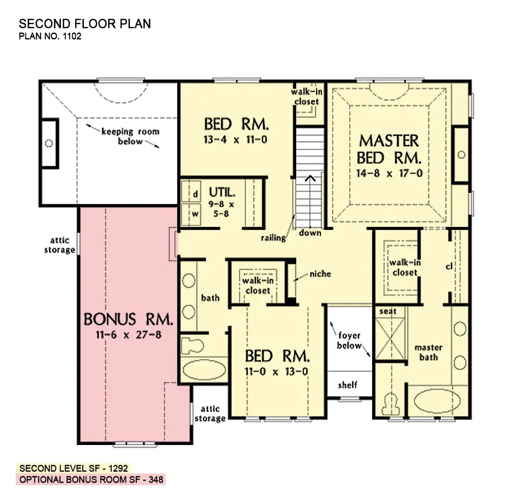 second floor plan has 2 bedrooms, bathroom, utility room, master suite and a bonus room located over the garage