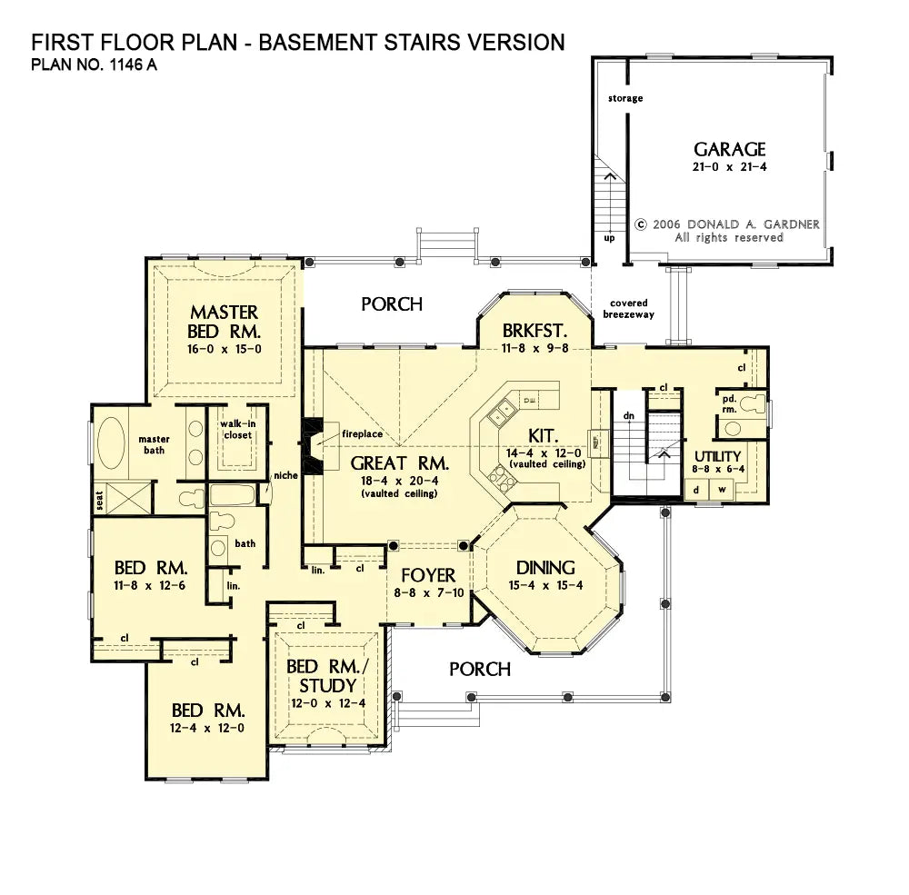 This is the first floor plan image for country house plan 1146 The McConnell if the home is built over a basement