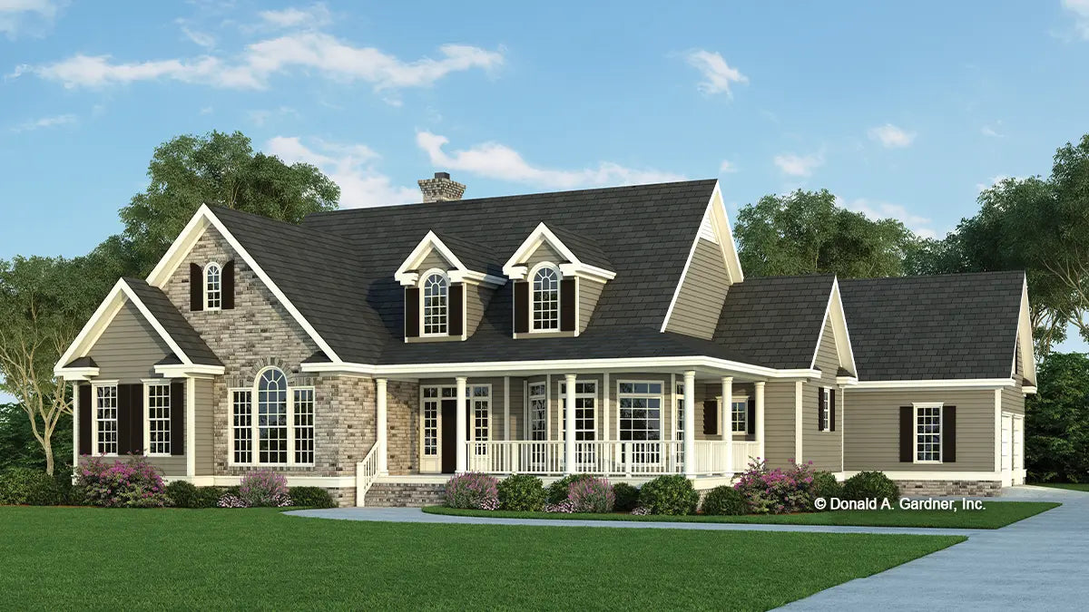 This is an illustration of the front of four bedroom house plan 1146 The McConnell