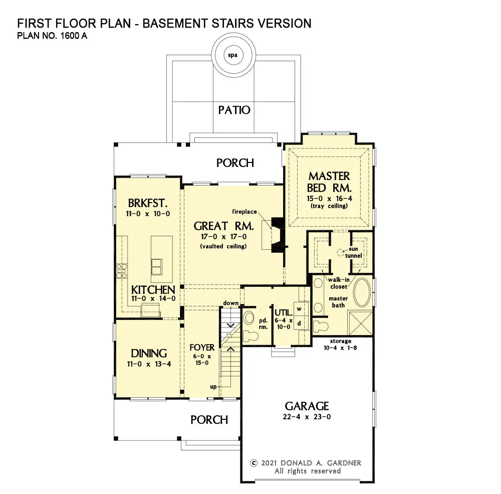 This is the first floor plan image for modern farmhouse house plan 1600 The McKenna if the home is built over a basement