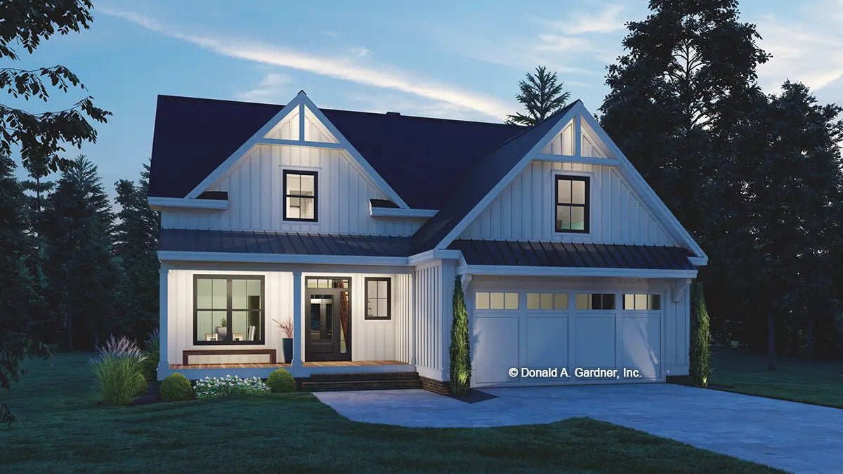 This is an illustration of the front of two story house plan 1600 The McKenna at dusk